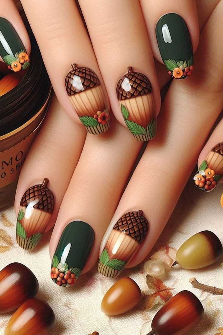 Acorn-Details-as-Thanksgiving-nail-design-ideas