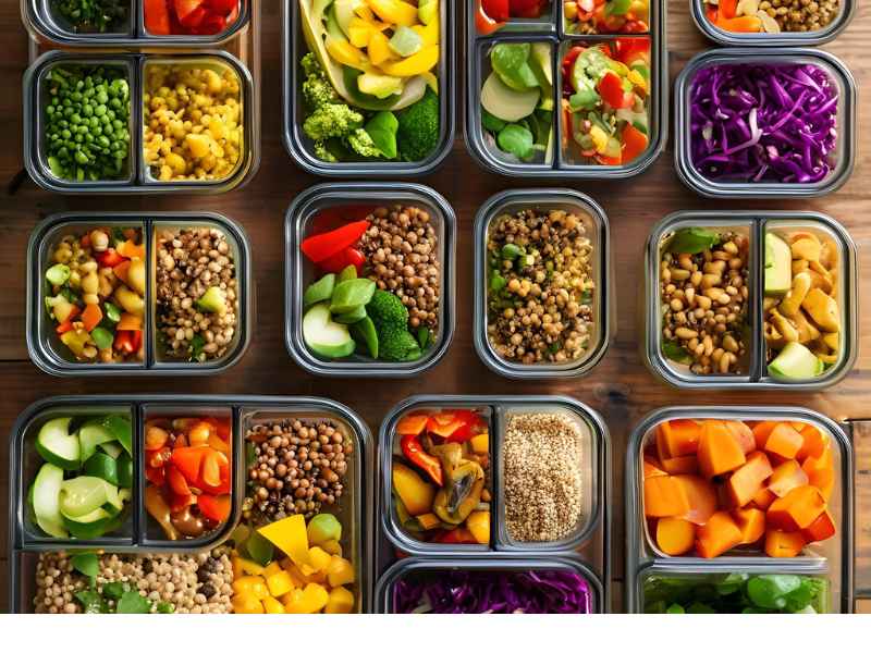 Different-vegetable-meals-on-a-surface-as-17 Super Easy Vegan Meal Prep Ideas For The Week That are Budget Friendly