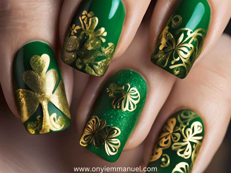 A-green-and-gold-nails-as-32-Stunning-St.-Patricks-Nails-Ideas-To-Rock-This-Year.