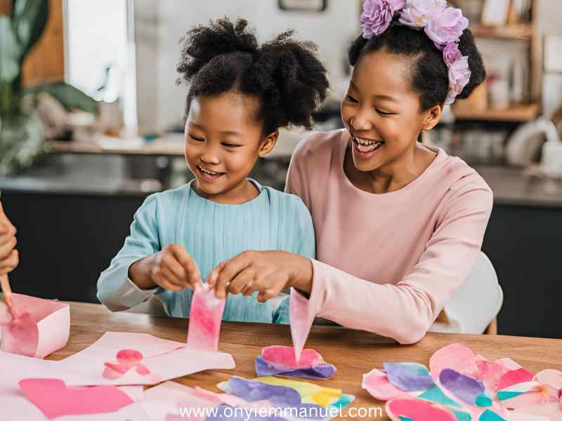 A-kid-and-her-mom-doing-a-craft-together-as-38-Fun-Mothers-Day-Crafts-for-Kids.